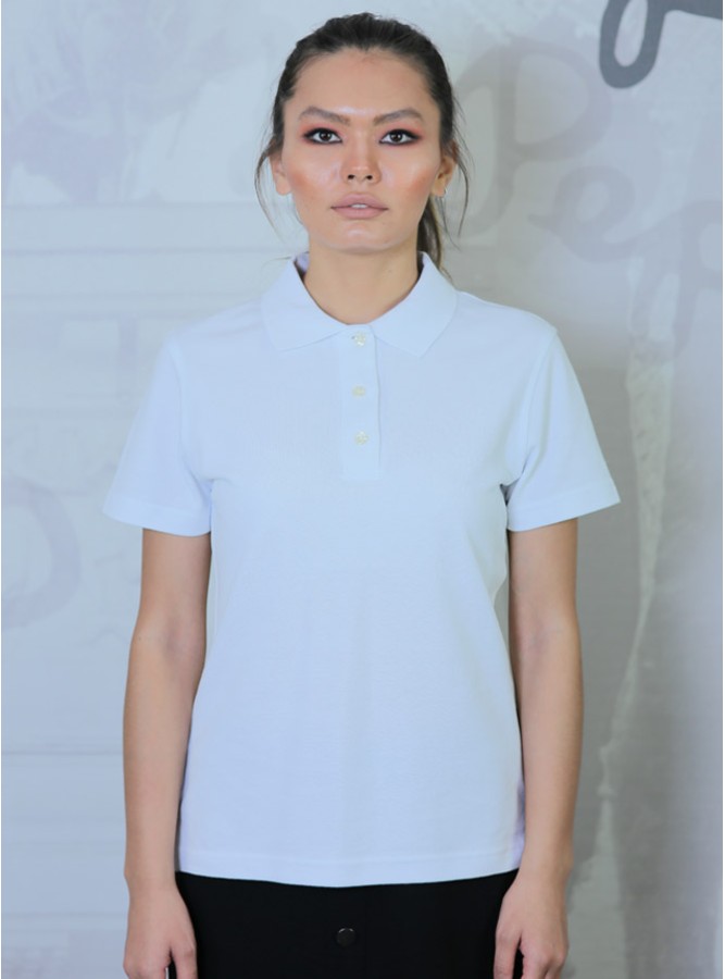 Polo Yaka Regular Fit Kadın Pike T-Shirt Beyaz