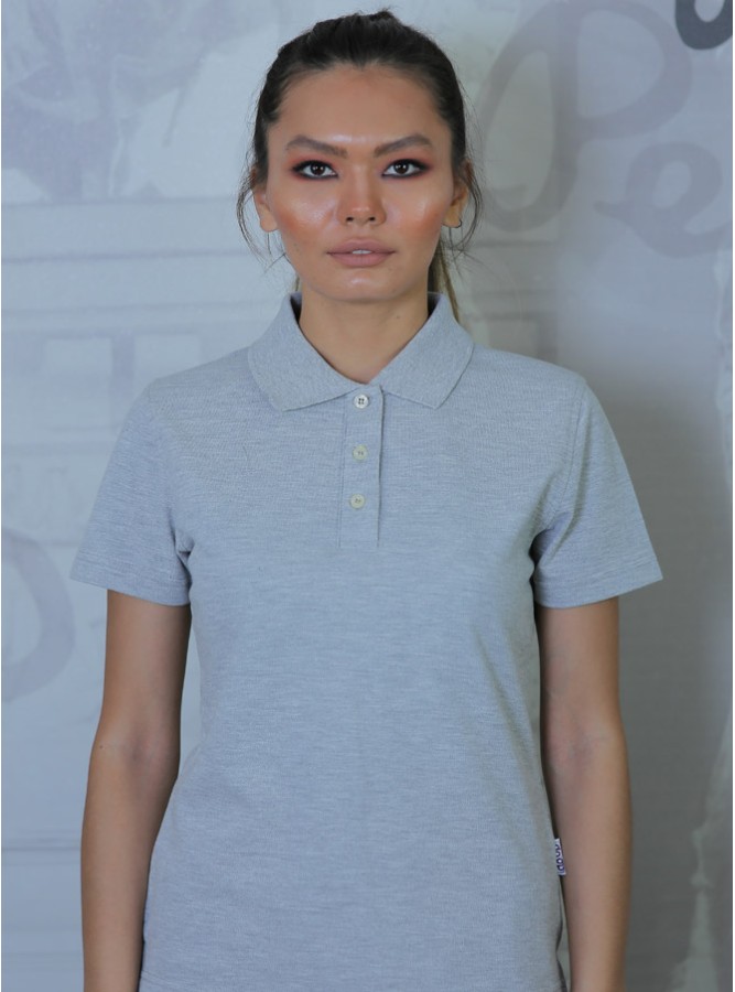 Polo Yaka Regular Fit Kadın Pike T-Shirt Gri Melanj