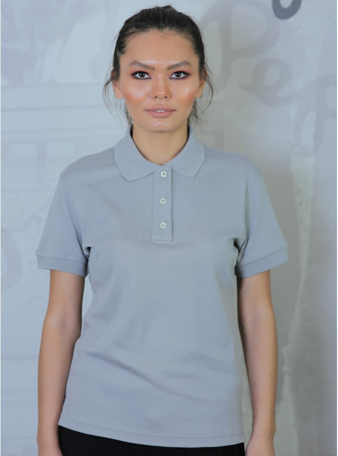 Polo Yaka Regular Fit Kadın Premium T-Shirt Gri